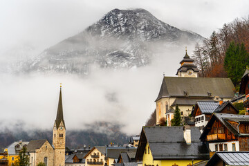 The Evangelical Church (Evangelische Kirche - Pfarrkirche) of Hallstatt, Austria is seen. This church has become Hallstatt symbol and is the most photographed structure. © Bulent