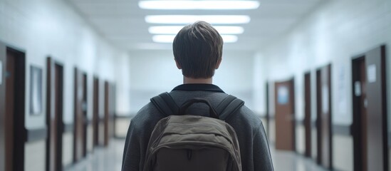 High school student facing challenges as he confronts past bullies with empty corridor for inspirational text or message