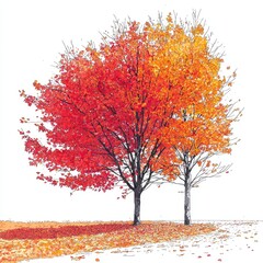 Fototapeta premium Autumn Splendor: A Pair of Maple Trees in Vibrant Fall Foliage, bathed in the warm glow of sunlight. A picturesque scene of nature's artistry.