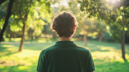 Young man stands in serene park under sunlight, surrounded by lush greenery and trees, enjoying a peaceful moment in nature, reflecting on life and tranquility.