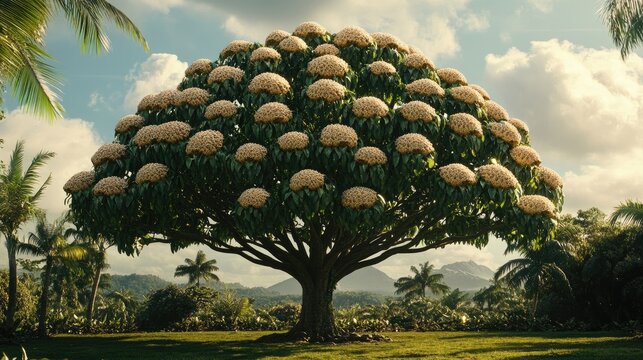 Pili tree Canarium ovatum in full bloom showcasing its tropical beauty in a lush landscape with palm trees and mountains in the background