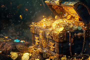 Fantastic treasure from big pirate wooden chest with antique gold coins, abstract vivid composition consists of fictional unreal fantastic vision on background