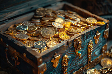 Fantastic treasure from big pirate wooden chest with antique gold coins, abstract vivid composition consists of fictional unreal fantastic vision on background