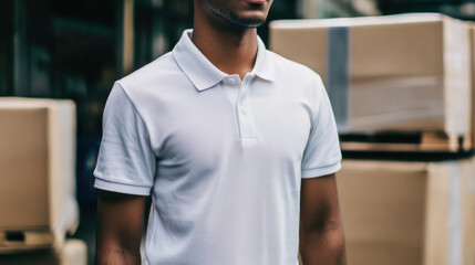 Confident young man in white polo shirt standing in urban setting surrounded by cardboard boxes, representing work, delivery, and professionalism in logistics.
