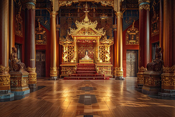 Fototapeta premium Fantastically beautiful throne of power of king or queen in throne room, abstract vivid composition consists of fictional unreal fantastic vision on background