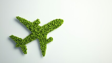 Obraz premium Sustainable Tourism, green travel, Ecology. Airplane shape made of green leaves on a light background, symbolizing eco-friendly travel.