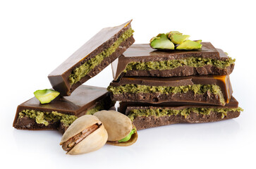 Dubai chocolate with pistachios and kadaif isolated on white background. With clipping path.