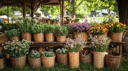 A rustic farmers market stand filled with baskets of fresh flowers and herbs