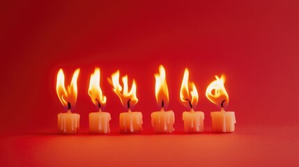 Fototapeta premium Candles forming the word burning with vibrant flames against a striking red gradient background for visual impact and warmth
