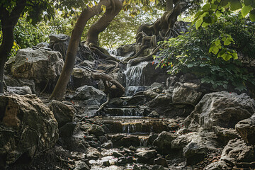 Obraz premium Fantastically beautiful fountain against backdrop of natural national park, abstract vivid composition consists of fictional unreal fantastic vision on background
