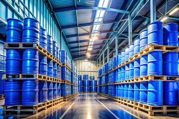 Obraz premium Industrial Warehouse Storage: Blue Barrels on Pallets - Ample Copy Space