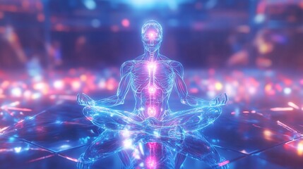 Serene 3D Render: Glowing Figure Meditatively Seated in a Futuristic, Vibrant Landscape. AI Generated
