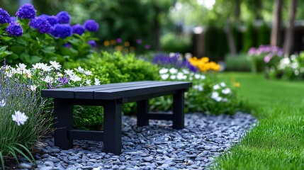 Fototapeta premium Black bench in a vibrant garden with colorful flowers and gravel pathway.