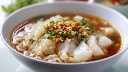 Bowl of flavorful soup noodles with fish and chili topped with fresh herbs showcasing a healthy food lifestyle on a clean backdrop