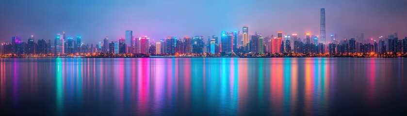 Obraz premium A vibrant city skyline at dusk, reflecting colorful lights on the water, showcasing modern architecture and a lively urban atmosphere.