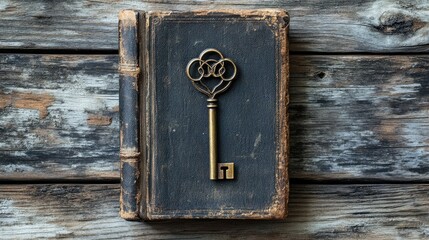 Vintage book with antique key resting on rustic wooden surface showcasing timeless elegance and nostalgia.