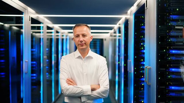 Confident engineer monitors data center servers in a hightech environment