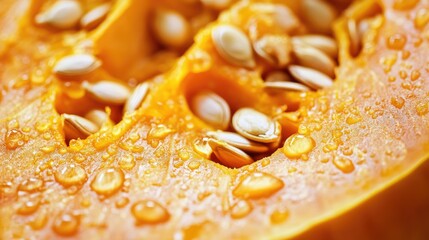 Macro Detail of Fresh Pumpkin Seeds and Wet Flesh Captured in Close Up Shot