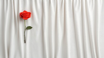 Single Red Rose against Elegant White Drapery Creating a Romantic and Serene Ambiance in Interior Space