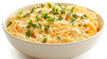 Bowl of creamy spaghetti with cheese green onions and fresh parsley on a white background for delicious food presentation