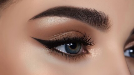 Obraz premium Eye makeup with perfect eyeliner and defined eyebrows showcases beauty and artistry. Mocha Mousse trend color 2025