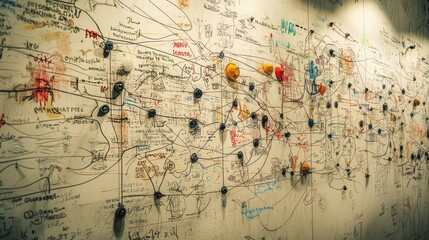 Abstract Conceptual Wall with Colorful Pins and Handwritten Notes Depicting Ideas and Connections in a Creative Workspace