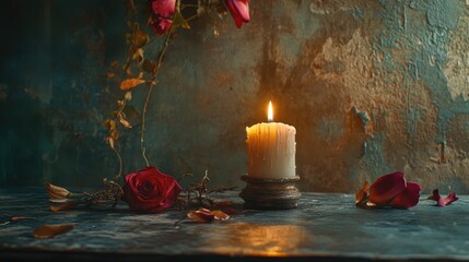 Serene candlelight with red roses on rustic table creating a peaceful and romantic atmosphere in soft, warm tones.