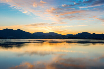 Tranquil Moments of Nature: Birds, Sunsets, and Serene Landscapes. Winter Morning Landscape of Junam Reservoir in Changwon, South Gyeongsang Province, South Korea