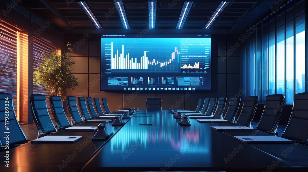 Aufkleber Modern Conference Room with Professional Setup and Advanced Technology Displaying Data and Graphs on Large Screen