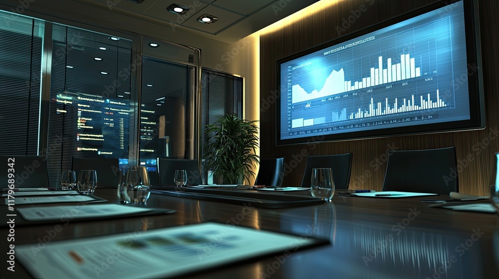 Aufkleber Modern Boardroom with Data Visualization Screen and Professional Layout for Business Meetings and Presentations