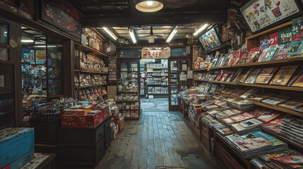 valentine's day shopping concept. cozy vintage bookstore with wooden floors and shelves filled with books and magazines