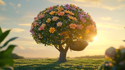 Colorful flowering tree at sunset with a cocoon hanging from a branch.