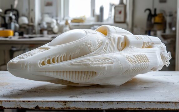 A white 3D-printed futuristic spaceship model with detailed textures lies on a workbench in a workshop.