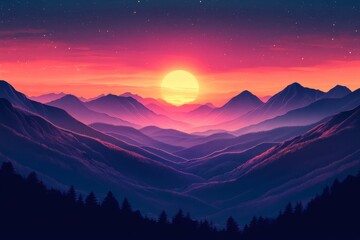 Fototapeta premium Vibrant Sunset Over Majestic Mountains Scenic Landscape Nature