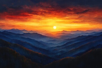 Fototapeta premium Fiery Sunset over Majestic Mountain Ranges Scenic Landscape