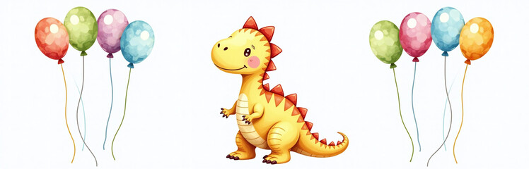 Obraz premium A Cute Yellow Dinosaur Surrounded By Colorful Balloons Is Isolated Against A White Background In This Watercolor Illustration. 00002