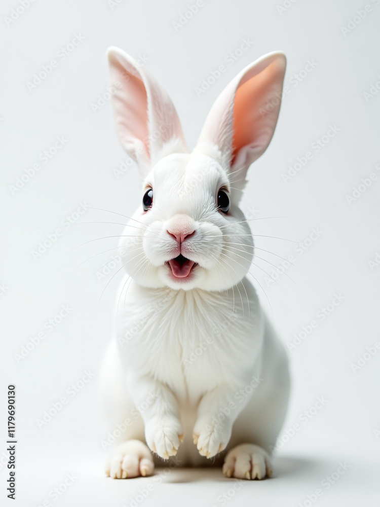 Poster A Cute White Rabbit With An Open Mouth Is Being Generated By Artificial Intelligence And Placed On A Plain White Background. 00002
