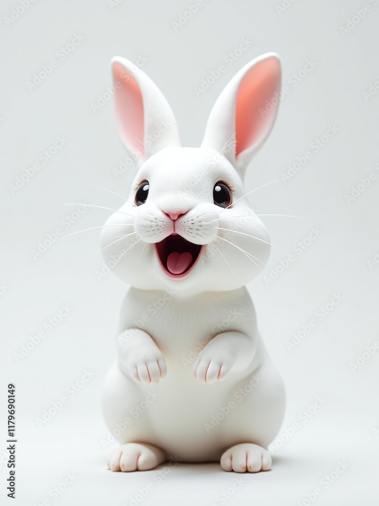 Poster A Cute White Rabbit With An Open Mouth Is Being Generated By Artificial Intelligence And Placed On A Plain White Background. 00003