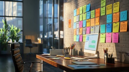 Bright and Organized Office Space with Colorful Sticky Notes and Modern Workstation