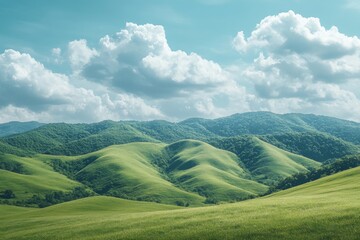 Obraz premium Serene Green Hills Landscape Rolling Meadows Sunny Sky Clouds