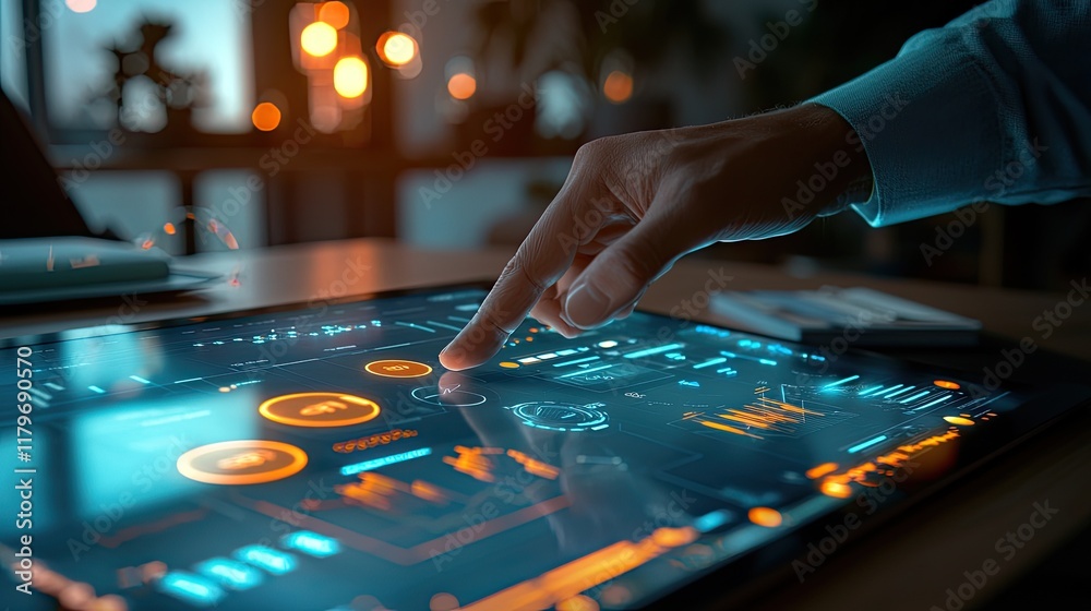 Aufkleber Futuristic User Interface Interaction with Touch Screen and Data Visualization Elements in Soft Lighting Atmosphere