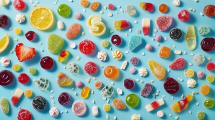Colorful assortment of jelly candies and sugar treats displayed on a vibrant blue background showcasing a delightful array of sweets.