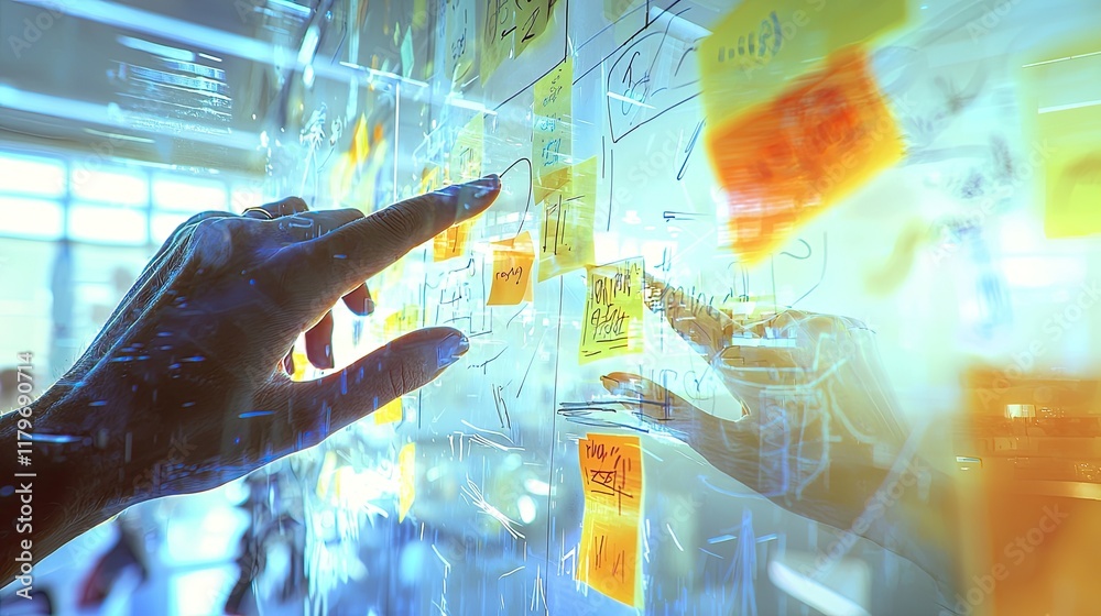 Aufkleber Hand Interacting with Transparent Glass Wall Surrounded by Colorful Sticky Notes and Abstract Digital Elements