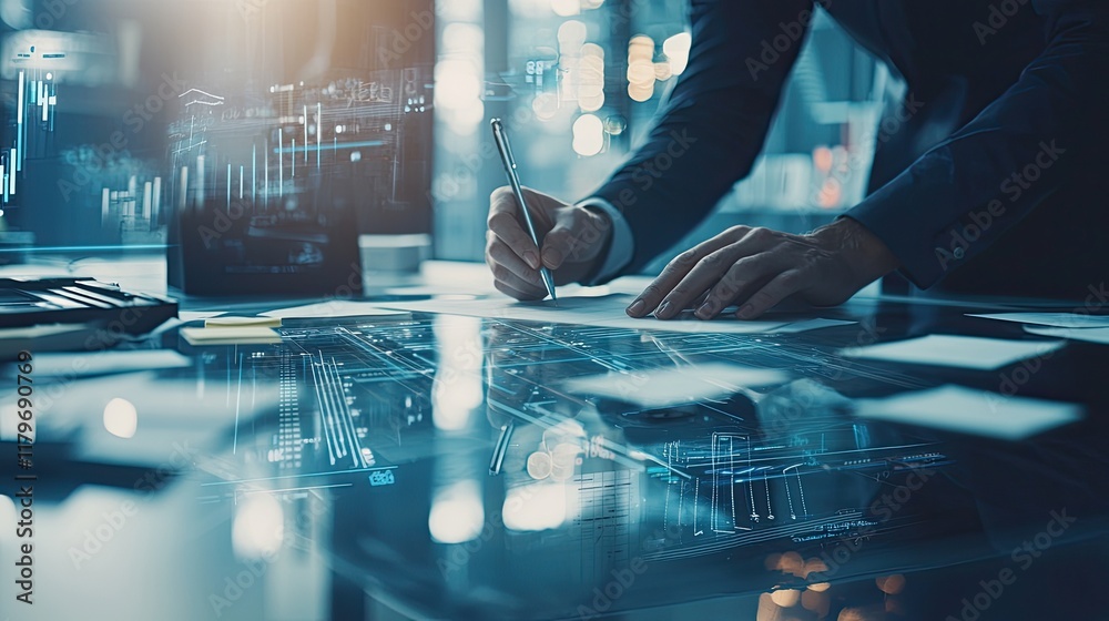 Poster Professional Hands Writing on Document with Digital Interface and Futuristic Analytics in Modern Office Space