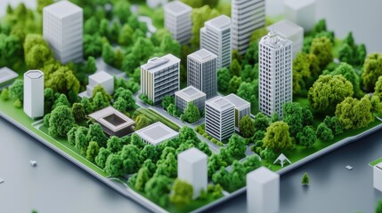Aerial view of a miniature city integrated with lush green spaces, showcasing sustainable urban design.