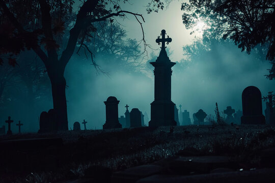 Fantastically mysterious cemetery with tombstones and terribly scary atmosphere, abstract vivid composition consists of fictional unreal fantastic vision on background