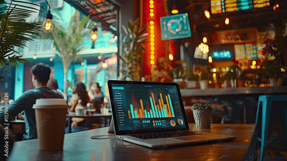 Aufkleber data analysis and business growth in a cozy cafe environment with modern technology and lively atmos