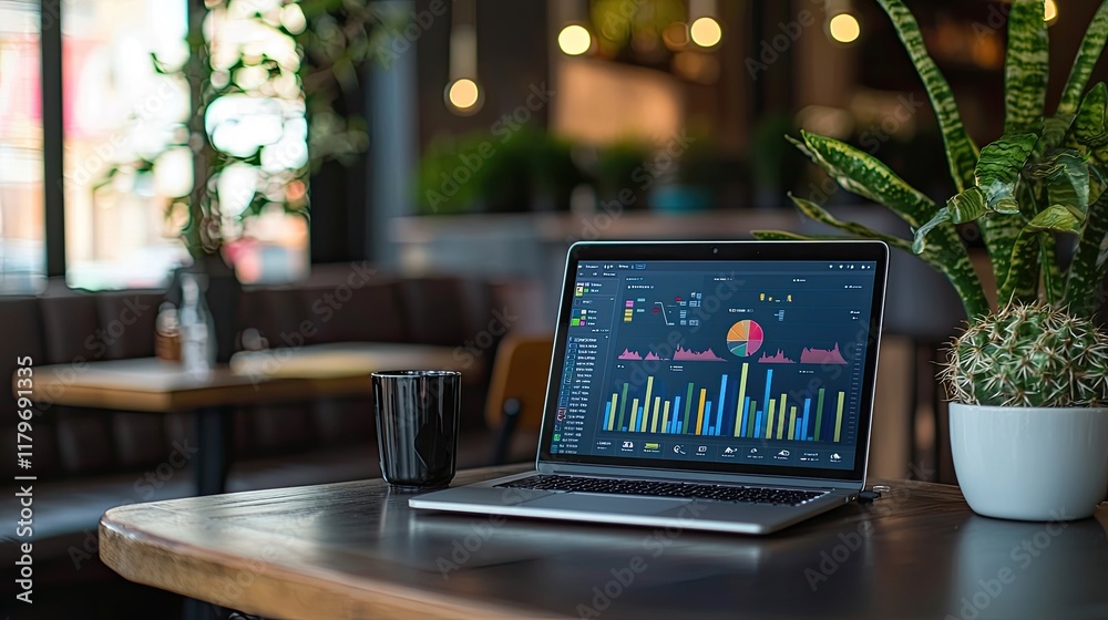 Aufkleber Modern Workspace with Laptop Displaying Data Analytics on Table Surrounded by Greenery in Cozy Coffee Shop Environment