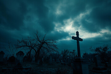 Fantastically mysterious cemetery with tombstones and terribly scary atmosphere, abstract vivid composition consists of fictional unreal fantastic vision on background