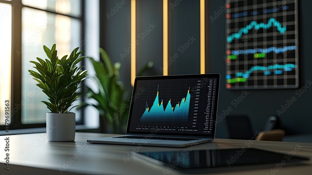 Aufkleber modern workspace with laptop displaying financial graphs and indoor plant in bright office environme